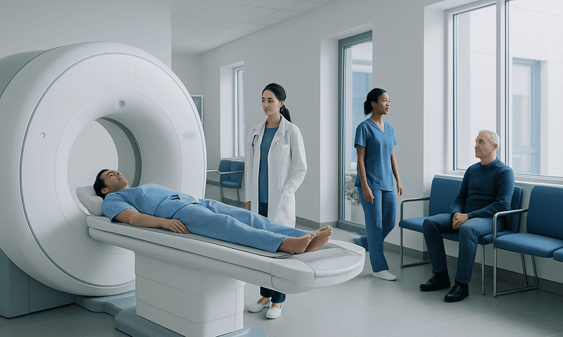 Patient undergoing MRI scan in a hospital setting with medical staff present.