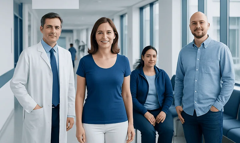 Medical team in hospital corridor with doctor and nurses smiling.