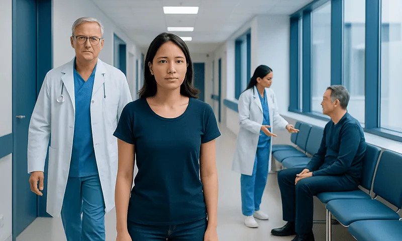 Patient waiting in hospital corridor with medical staff nearby.