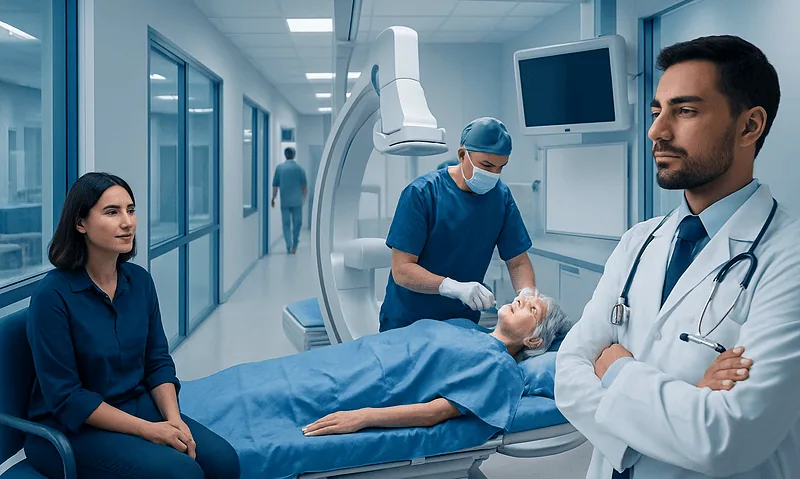 Medical team performing coronary angiography at Acibadem Hospital in Turkey.