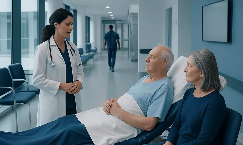 Doctor consulting elderly patients in hospital corridor.