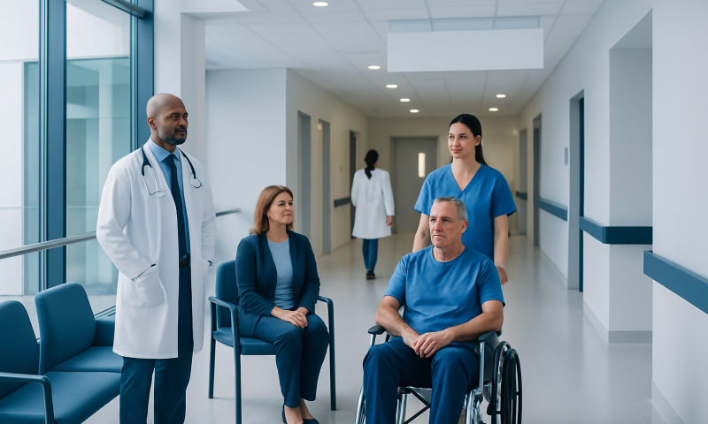 Medical team consulting with a patient in hospital corridor.