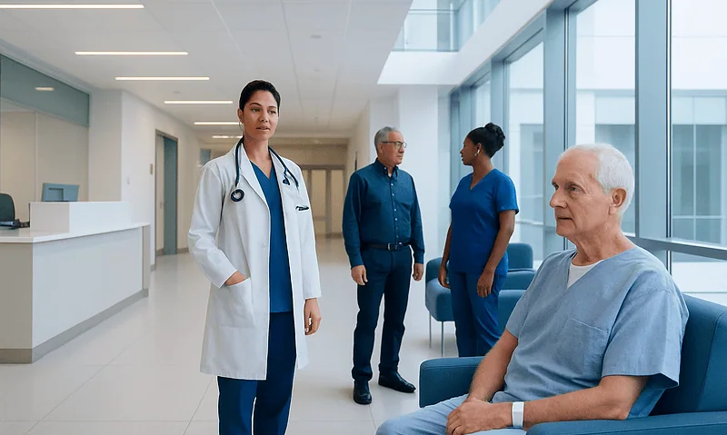 Medical team consulting with a patient in a modern hospital corridor.