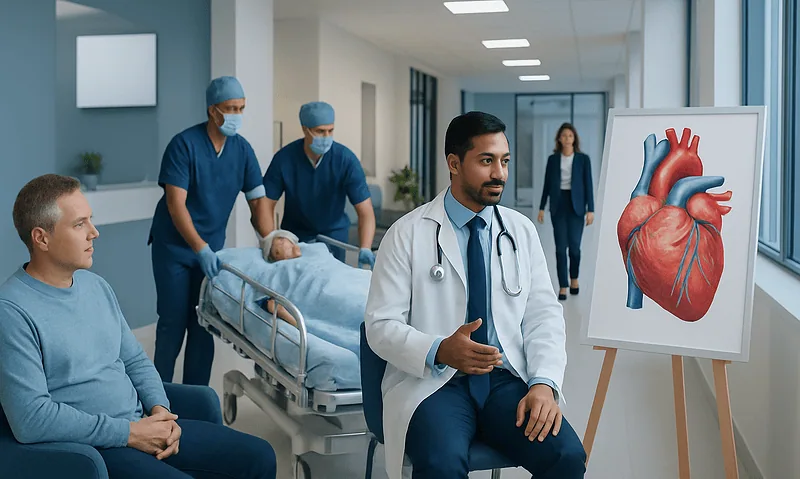 Cardiologist explains heart anatomy to patients in hospital corridor.