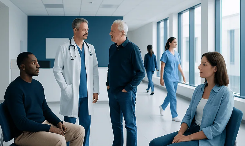 Medical team discussing patient care in hospital corridor.
