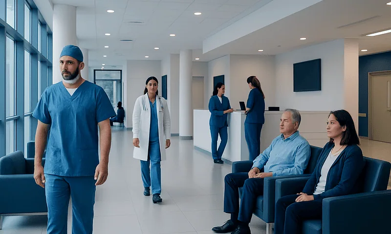 Medical staff and patients in a modern hospital waiting area.