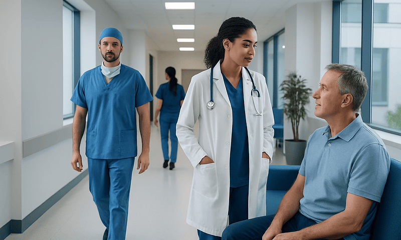 Medical team consulting with patient in hospital corridor.