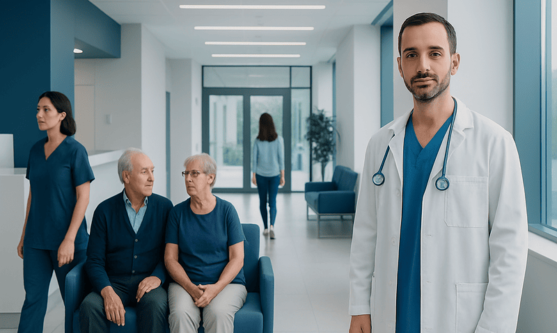 Medical team and patients in a modern hospital corridor.