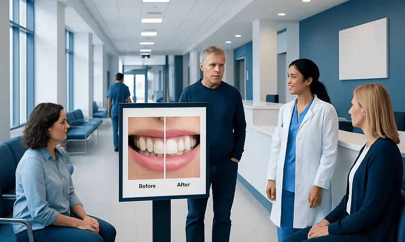 Dental consultation showing before and after teeth whitening results.