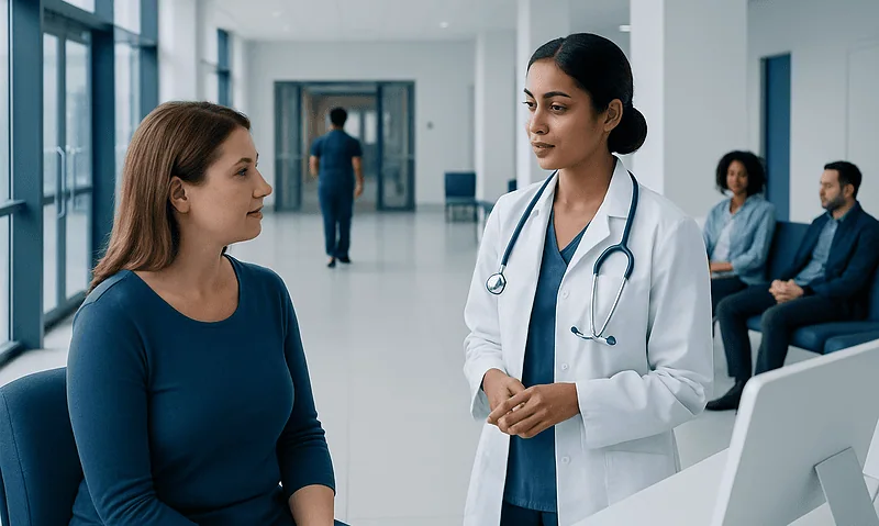 Doctor consulting a patient in a modern hospital corridor.