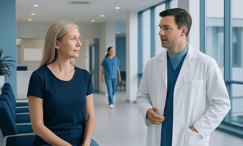 Doctor consulting with a female patient in a modern hospital corridor.