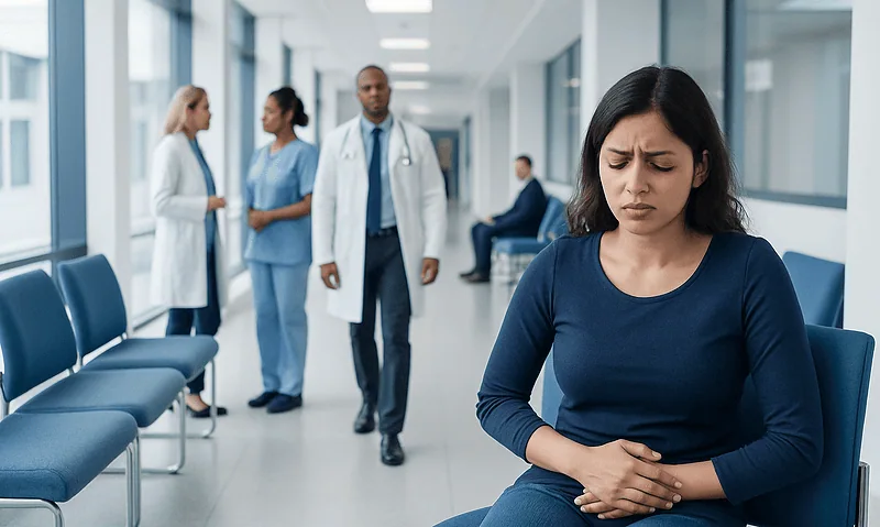 When to See a Gynecologist for Irregular Periods 9 Woman experiencing abdominal pain in a hospital corridor with medical staff nearby.