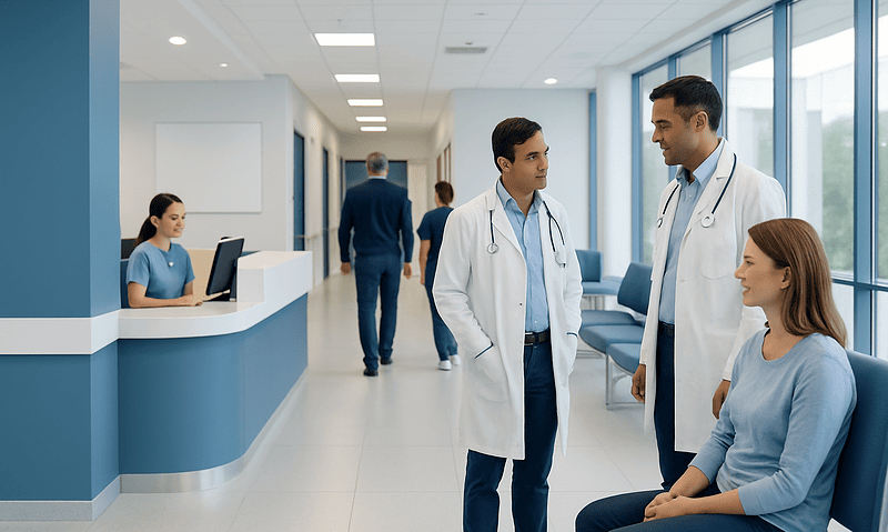 Doctors consulting with a patient in a modern hospital corridor.