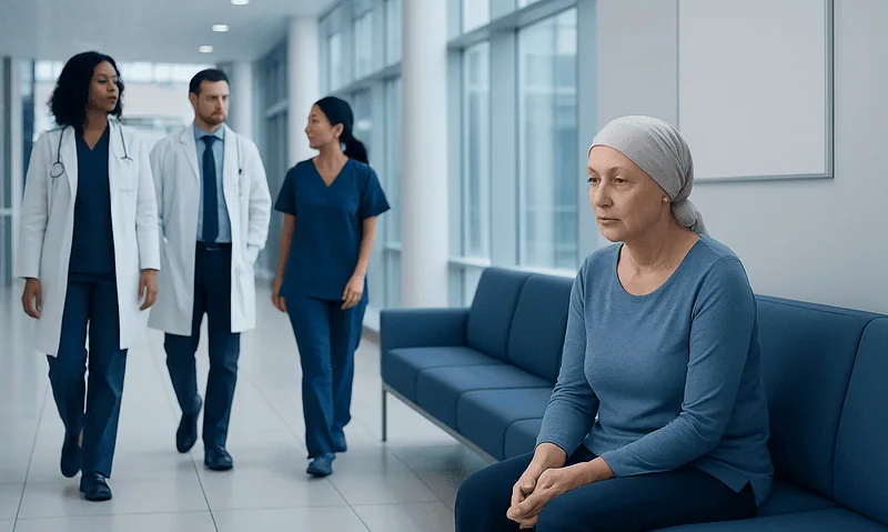 Cancer patient sitting in hospital corridor with medical staff nearby.