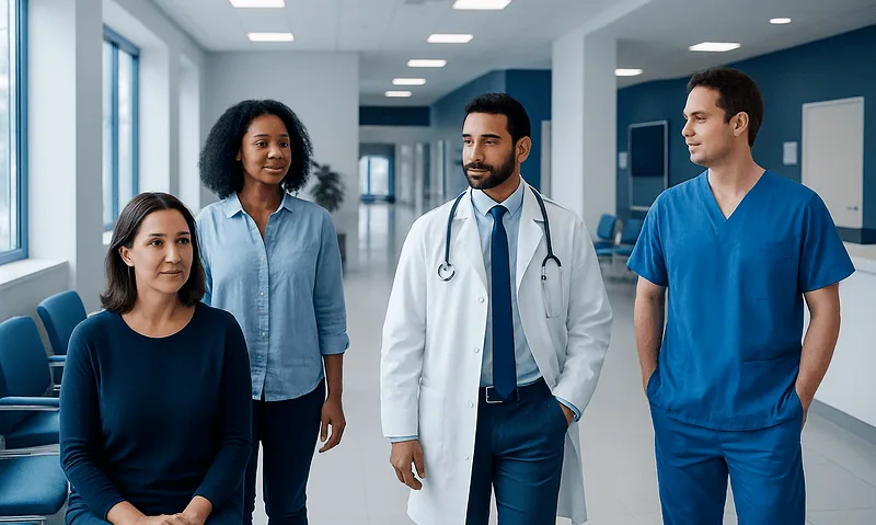 Medical team discussing patient care in hospital corridor.