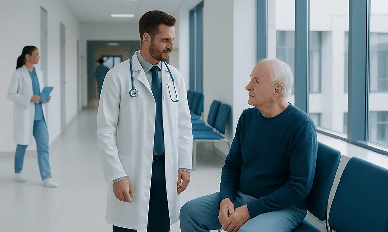 Doctor consulting with elderly patient in hospital corridor.