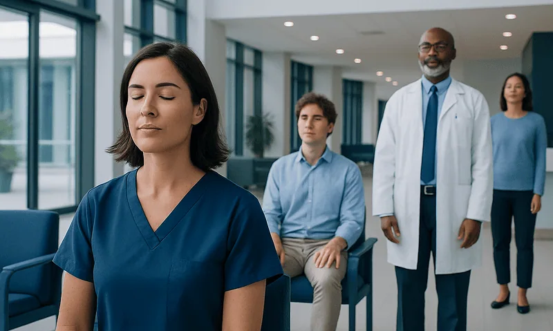 Woman practicing deep breathing in a hospital waiting area with medical staff.