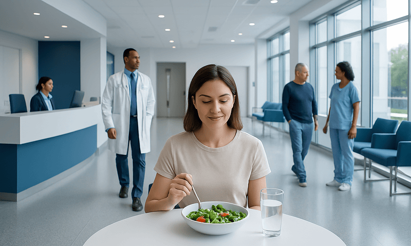 Young woman eating healthy salad in hospital waiting area.