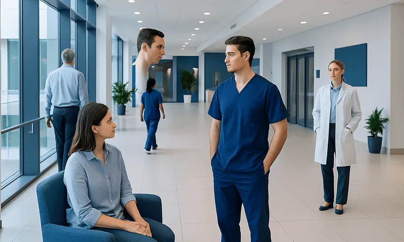 Hospital corridor with medical staff and patient in a modern healthcare facility.
