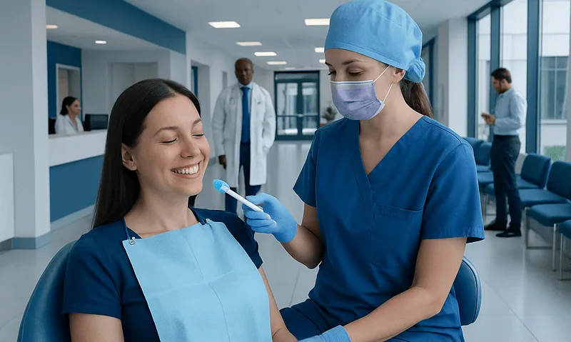 Dental hygienist preparing patient for dental treatment at Acibadem Hospital.