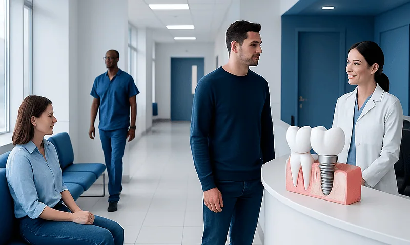 Dental consultation at Acibadem Hospital with a model of dental implants.