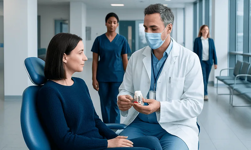 Dentist explaining dental implant procedure to a patient in a clinic.