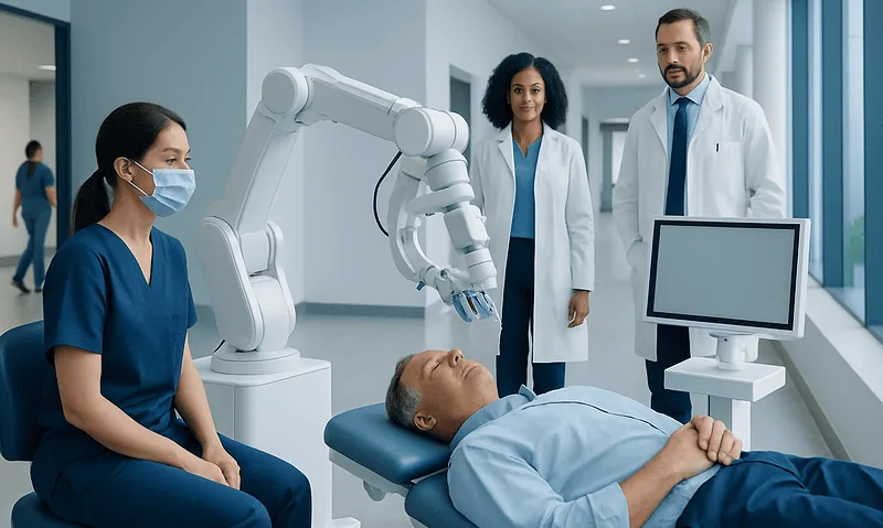 Medical team using robotic arm for dental surgery in a modern clinic.
