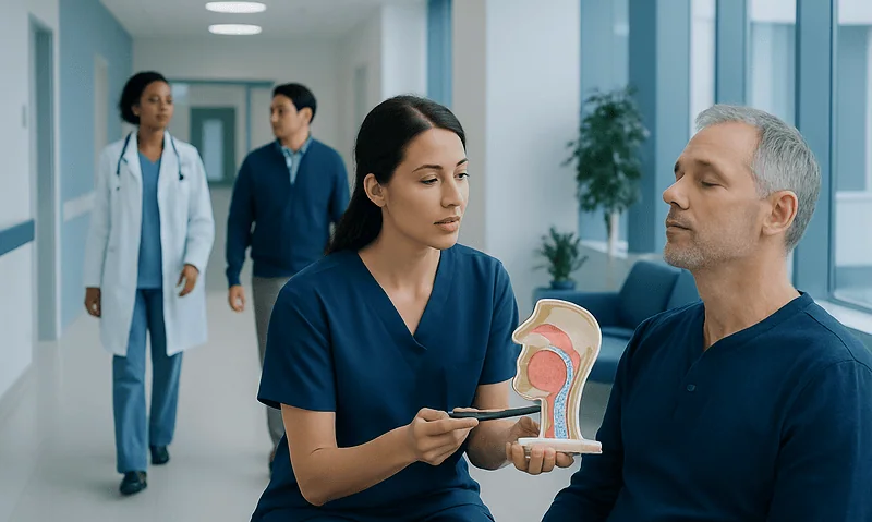 Medical professional explains sleep apnea to patient using anatomical model.