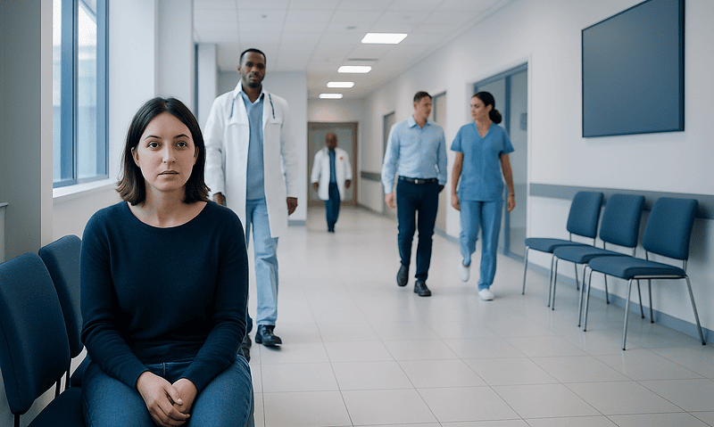 Patient waiting in hospital corridor with medical staff in background.