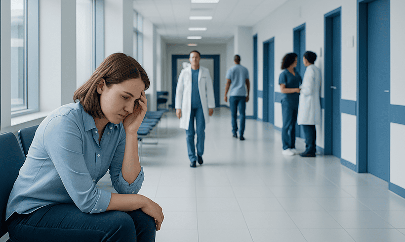 Young woman distressed in hospital corridor with medical staff in background.