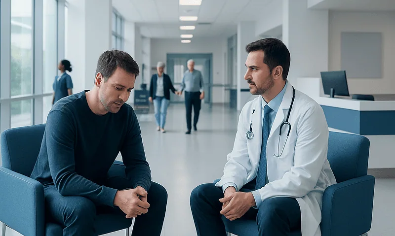 Doctor consulting with a patient in a hospital corridor.