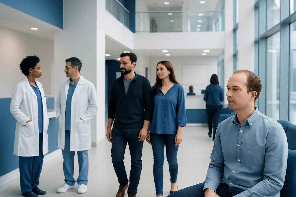 How Much Does Hair Plantation Cost? 1 Patients and doctors in a modern hospital lobby.