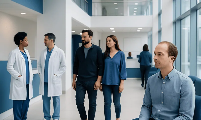 Patients and doctors in a modern hospital lobby.