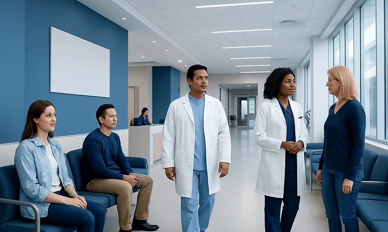 How Much Is LASIK? What Patients Should Expect to Pay 4 Medical professionals consulting with a patient in a modern hospital corridor.