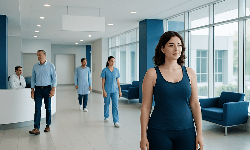 Modern hospital lobby with medical staff and a patient in a blue outfit.