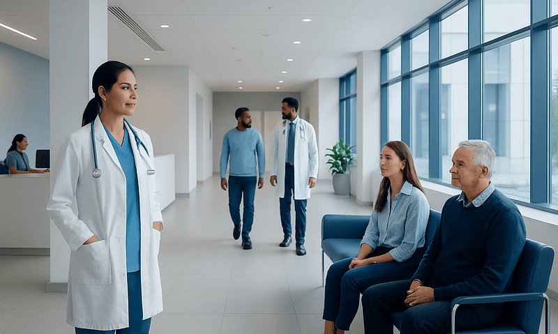 Medical professionals and patients in a modern hospital corridor.