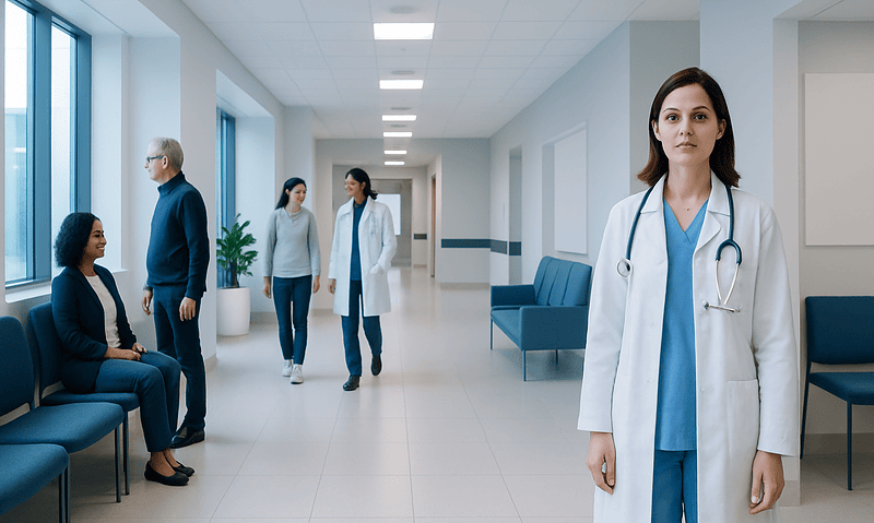 Digestive Health 101: What It Means and How to Improve It 16 Healthcare professionals and patients in a modern hospital corridor.