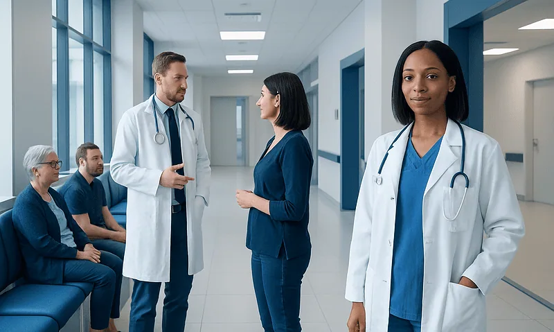 Medical team consulting in hospital corridor for digestive health.