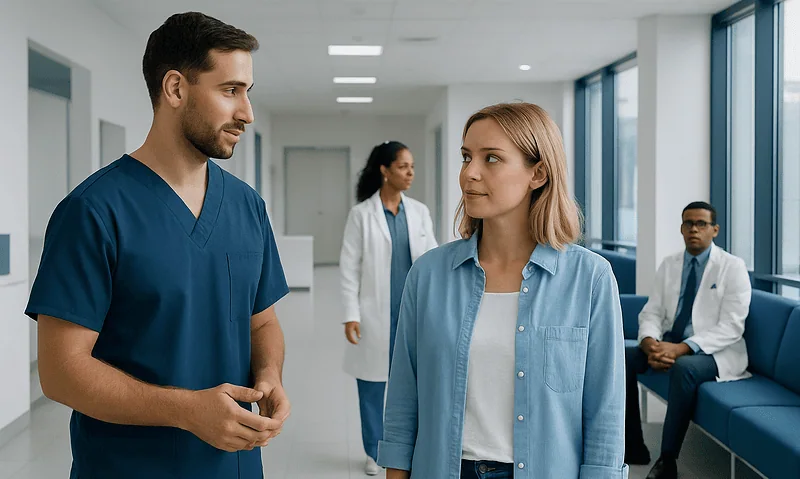 Healthcare professionals discussing patient care in a modern hospital corridor.