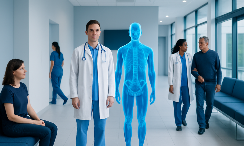 Digital Twin Technology in Medicine: What It Is and Why It Matters 17 Medical professionals and a digital human model in a hospital corridor.