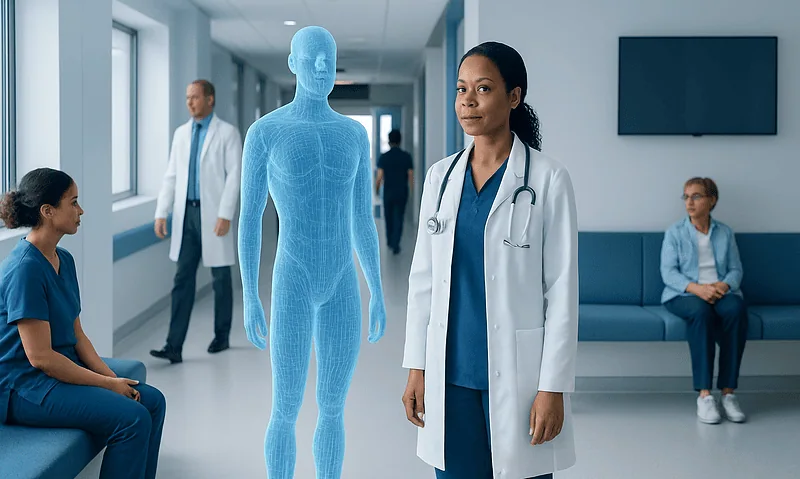 Digital Twins in Medicine: What They Are and How They May Guide Treatment 18 Medical professionals and a digital human model in a hospital corridor.