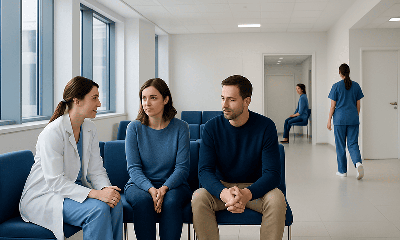 Health Library 18 Patients consulting with a doctor in a modern clinic setting.
