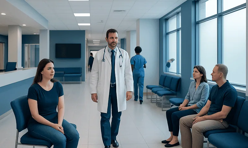 Doctor consulting patients in a modern hospital waiting area.