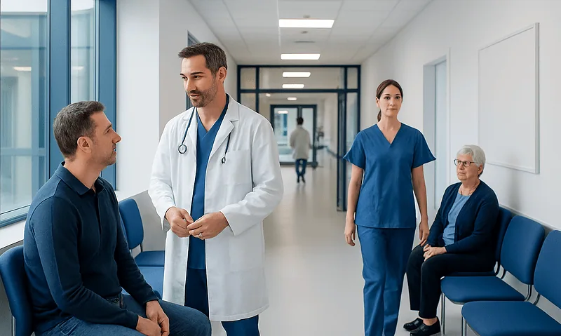 Doctor consulting with patient in hospital corridor with staff and elderly patient nearby.