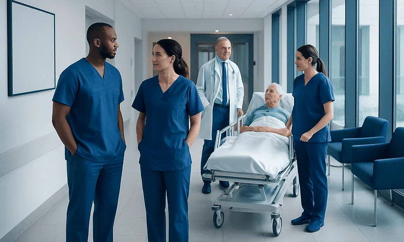 Medical team discussing patient care in hospital corridor with large windows.