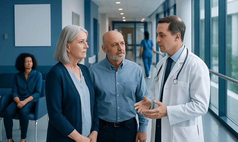 Cancer Definition: What Doctors Mean by Benign, Malignant, and Metastatic 10 Doctor discussing with patients in hospital corridor.