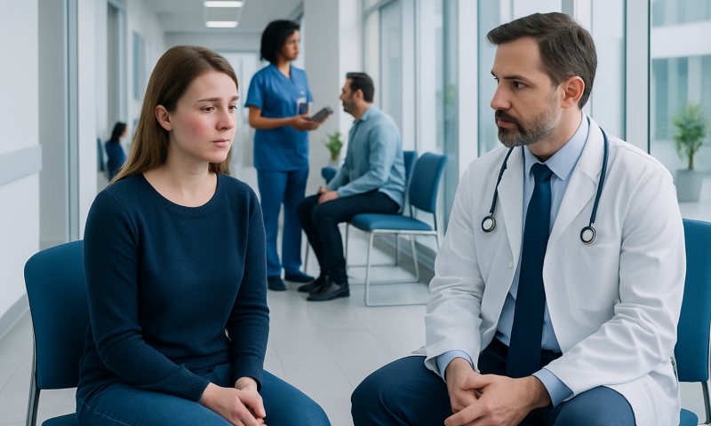 Doctor consulting with a young woman in a medical clinic setting.