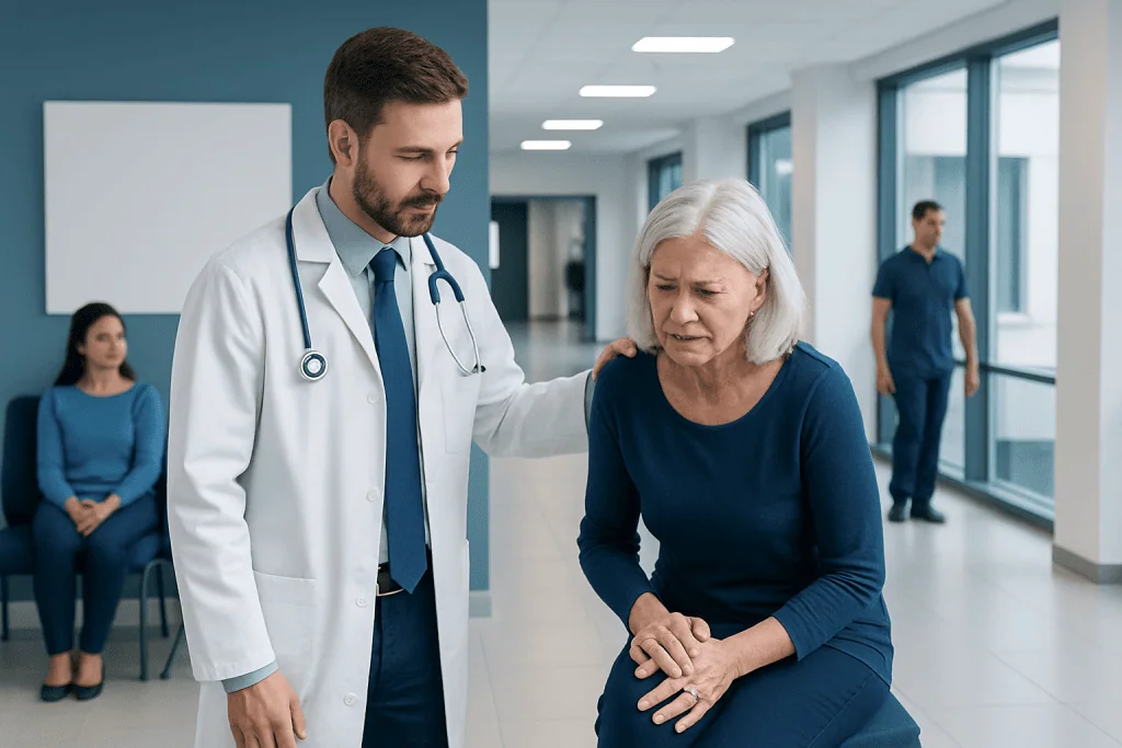 Bone Doctor for Joint Pain: Which Specialist Should You See? 1 Doctor examining elderly woman's knee in hospital corridor.