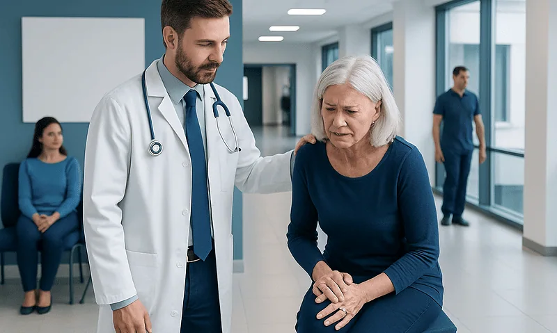 Doctor examining elderly woman's knee in hospital corridor.