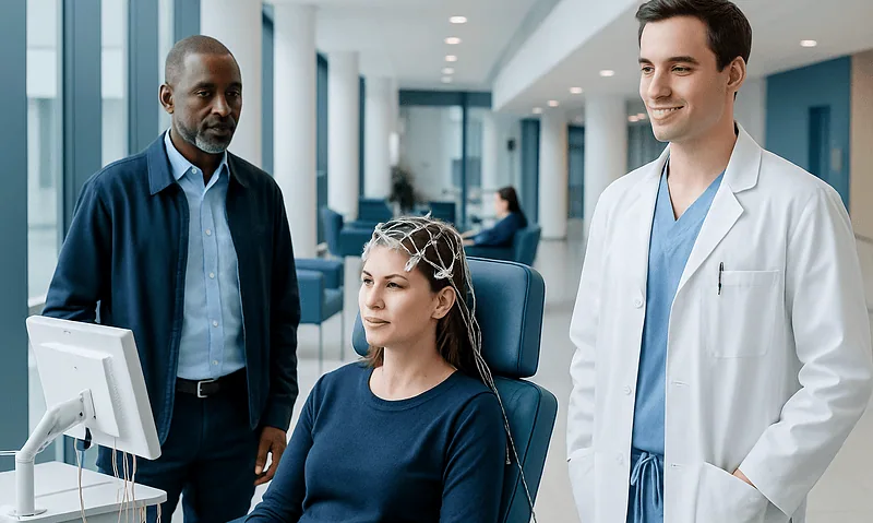 Medical professionals conducting a neurophysiological test on a patient in a hospital.